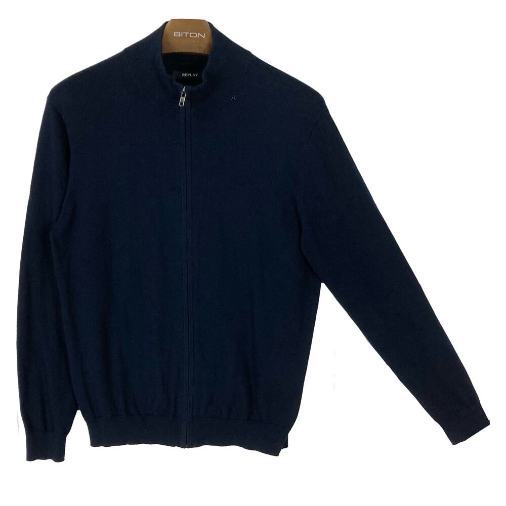 Nwot REPLAY Cardigan Men L Navy Italy Cotton Full-Zip Mock-Ribbed-Neck Long-Slv